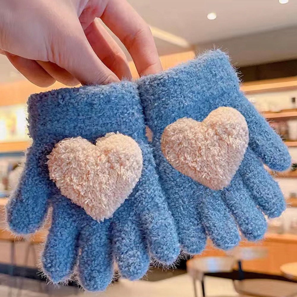 Blue Kids Winter Finger Gloves Cute Cartoon Heart